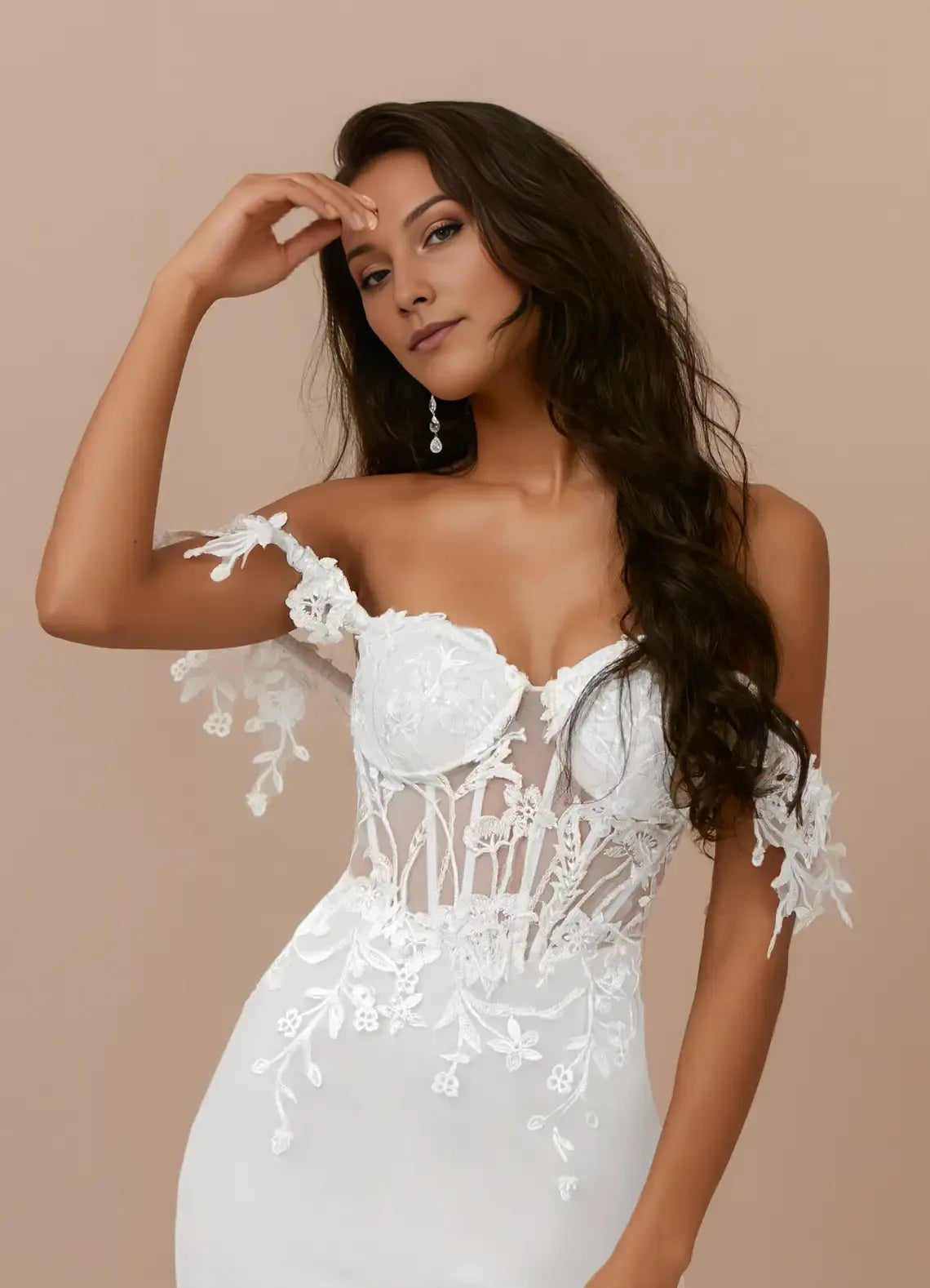 White Off - Shoulder Lace Mermaid A-Line Sequins Tulle Wedding Dress with Sheer Corset Detail