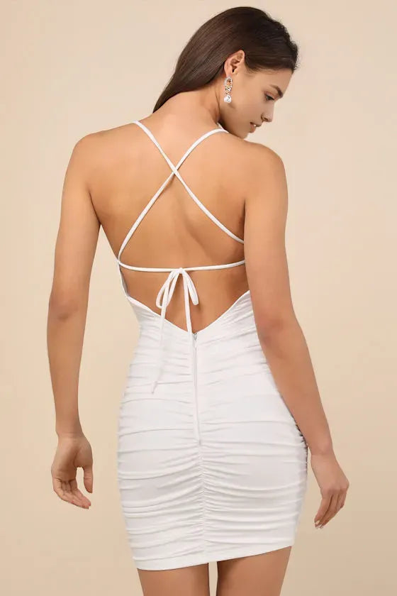 White Ruched Homecoming Dress Square Neck Spaghetti Straps  Bodycon Fit  Radiate Pure Elegance at Your School Dance