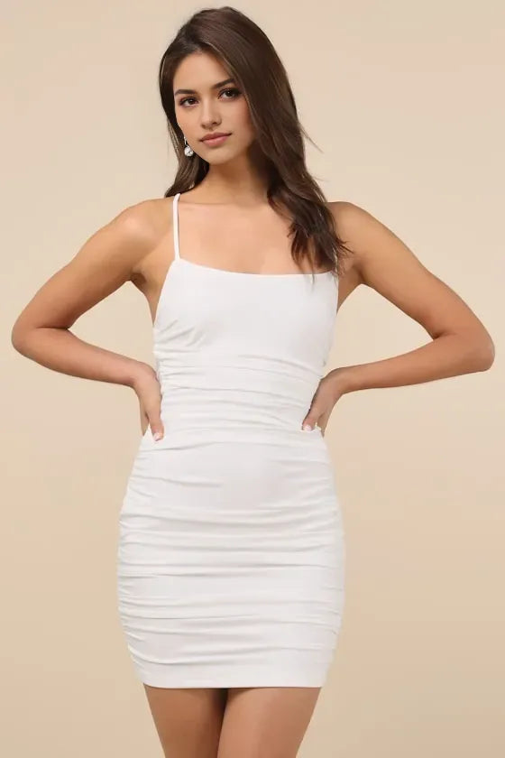 White Ruched Homecoming Dress Square Neck Spaghetti Straps  Bodycon Fit  Radiate Pure Elegance at Your School Dance