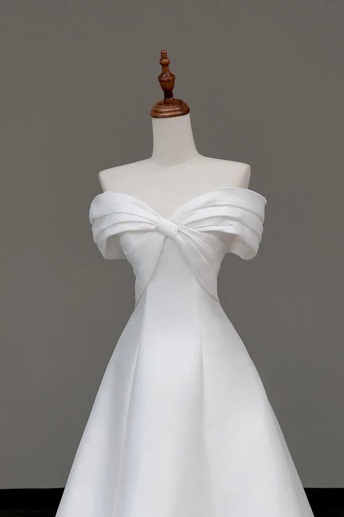 White Satin Long Prom Dress Off the Shoulder A-Line Party Dress