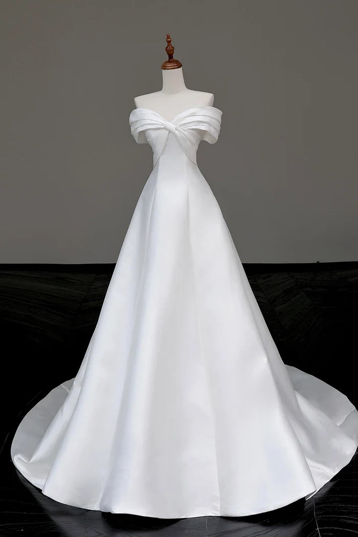 White Satin Long Prom Dress Off the Shoulder A-Line Party Dress