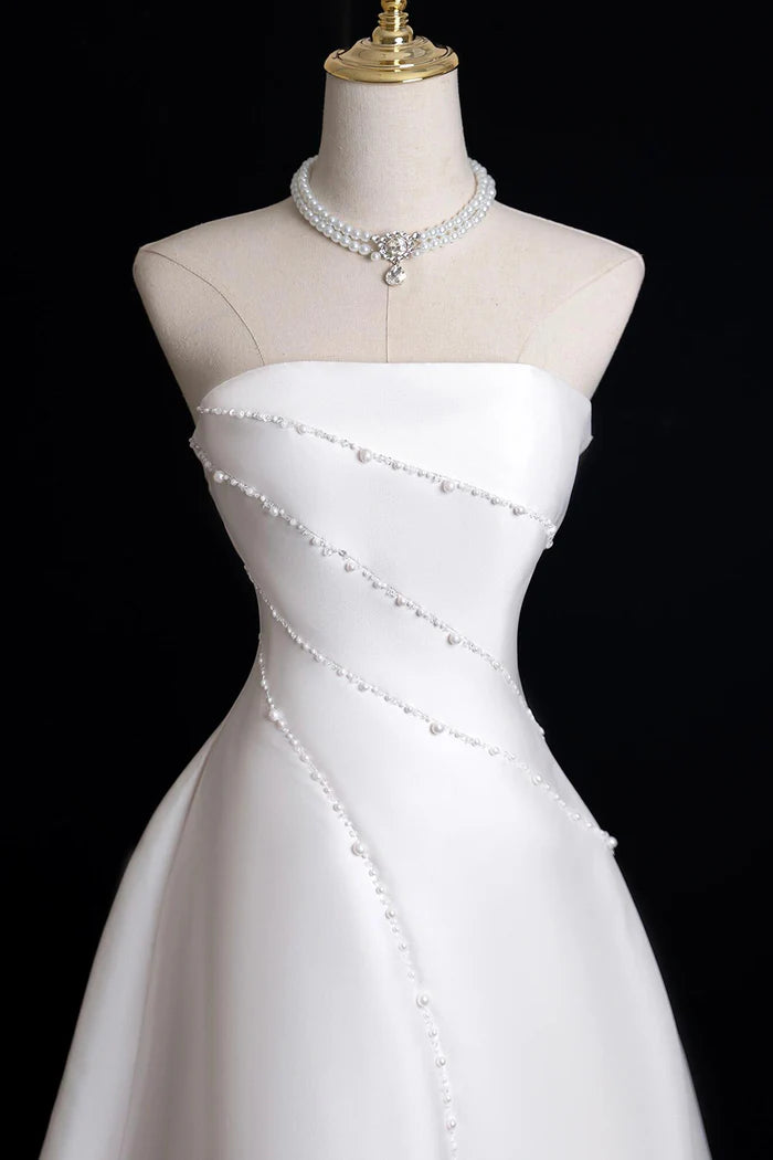 White Satin Pearl Long A-Line Prom Dress White Party Dress