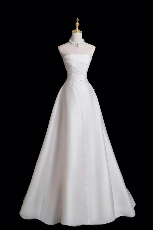 White Satin Pearl Long A-Line Prom Dress White Party Dress