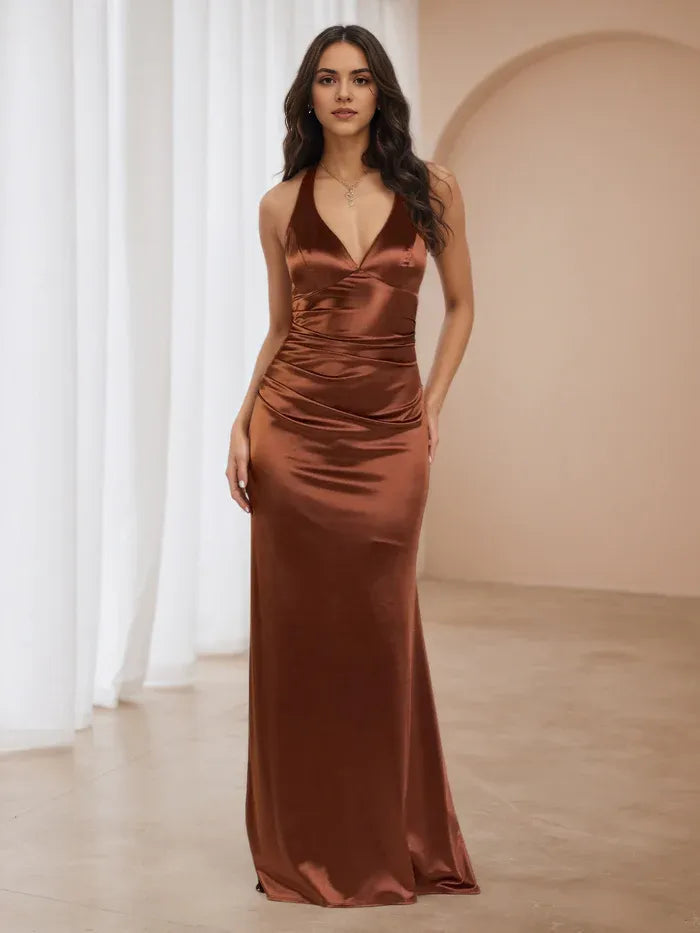 White Satin Prom Dress Halter Neck Flowy Mermaid Skirt  Beachy Glam for Destination Dances