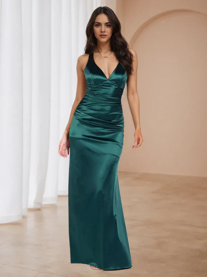 White Satin Prom Dress Halter Neck Flowy Mermaid Skirt  Beachy Glam for Destination Dances