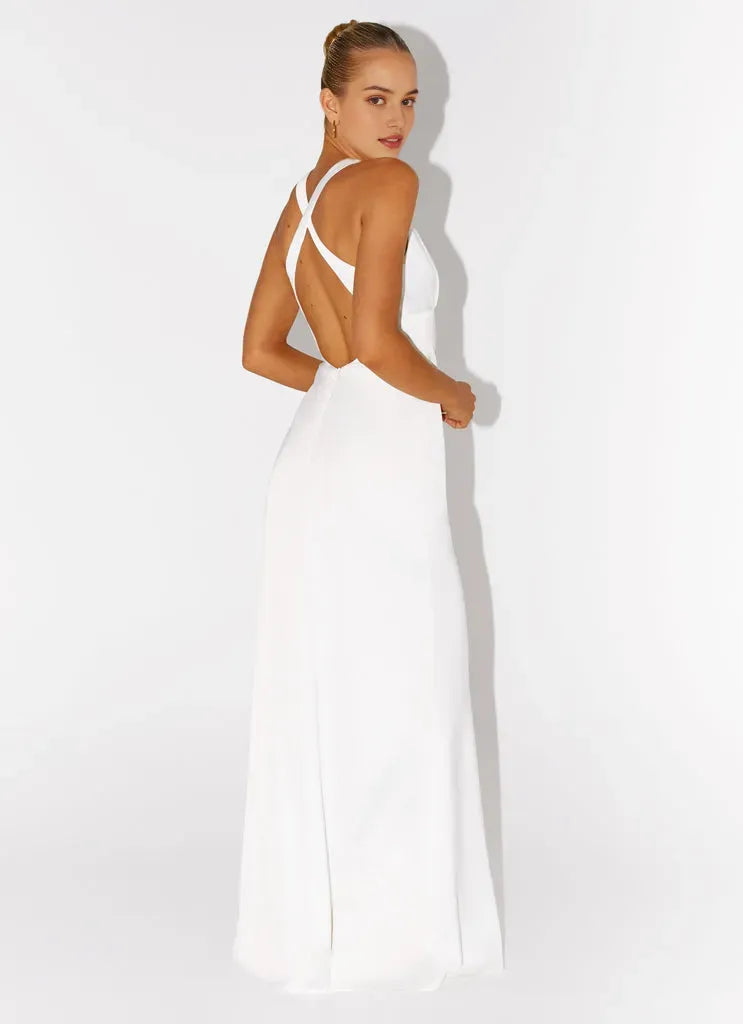 White Satin Prom Dress with Plunging V - Neckline and Fitted Silhouette for Formal Occasions