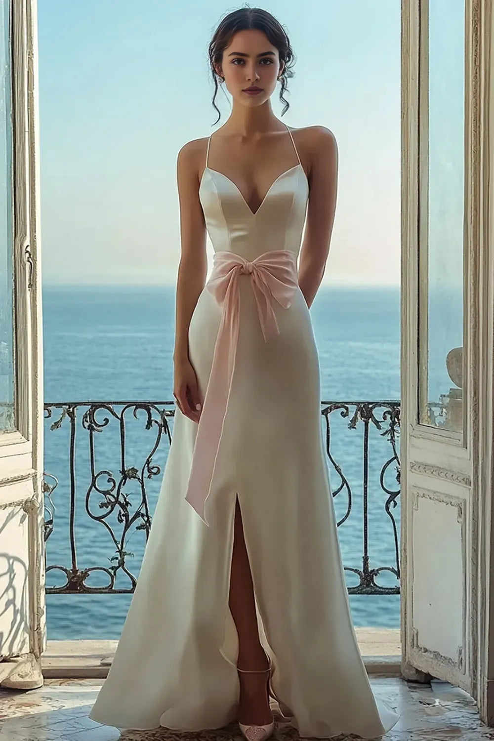 White Satin Spaghetti Straps Bow Long Formal Dress with Slit ﻿