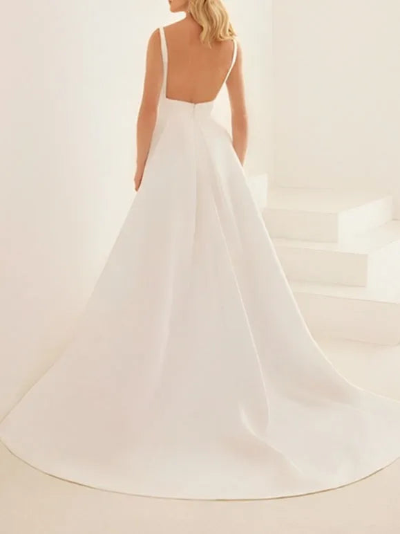White Satin Wedding Dress Deep V - Neck High Side Slit Open Back