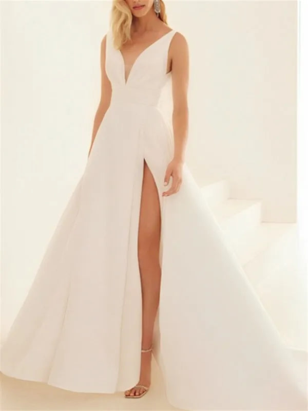 White Satin Wedding Dress Deep V - Neck High Side Slit Open Back