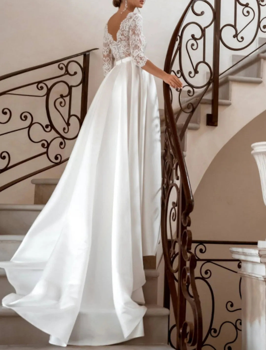White Satin Wedding Dress Deep V - Neck Lace Half Sleeves Ball Gown Train