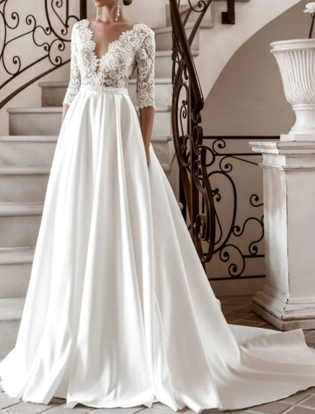 White Satin Wedding Dress Deep V - Neck Lace Half Sleeves Ball Gown Train