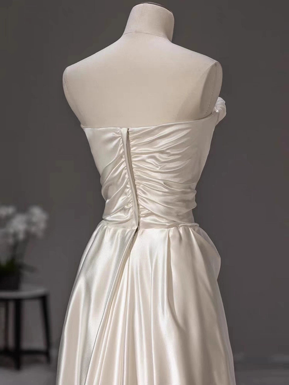 White Satin Wedding Dress Square Neckline Draped Bodice Sheer Cape Sleeves