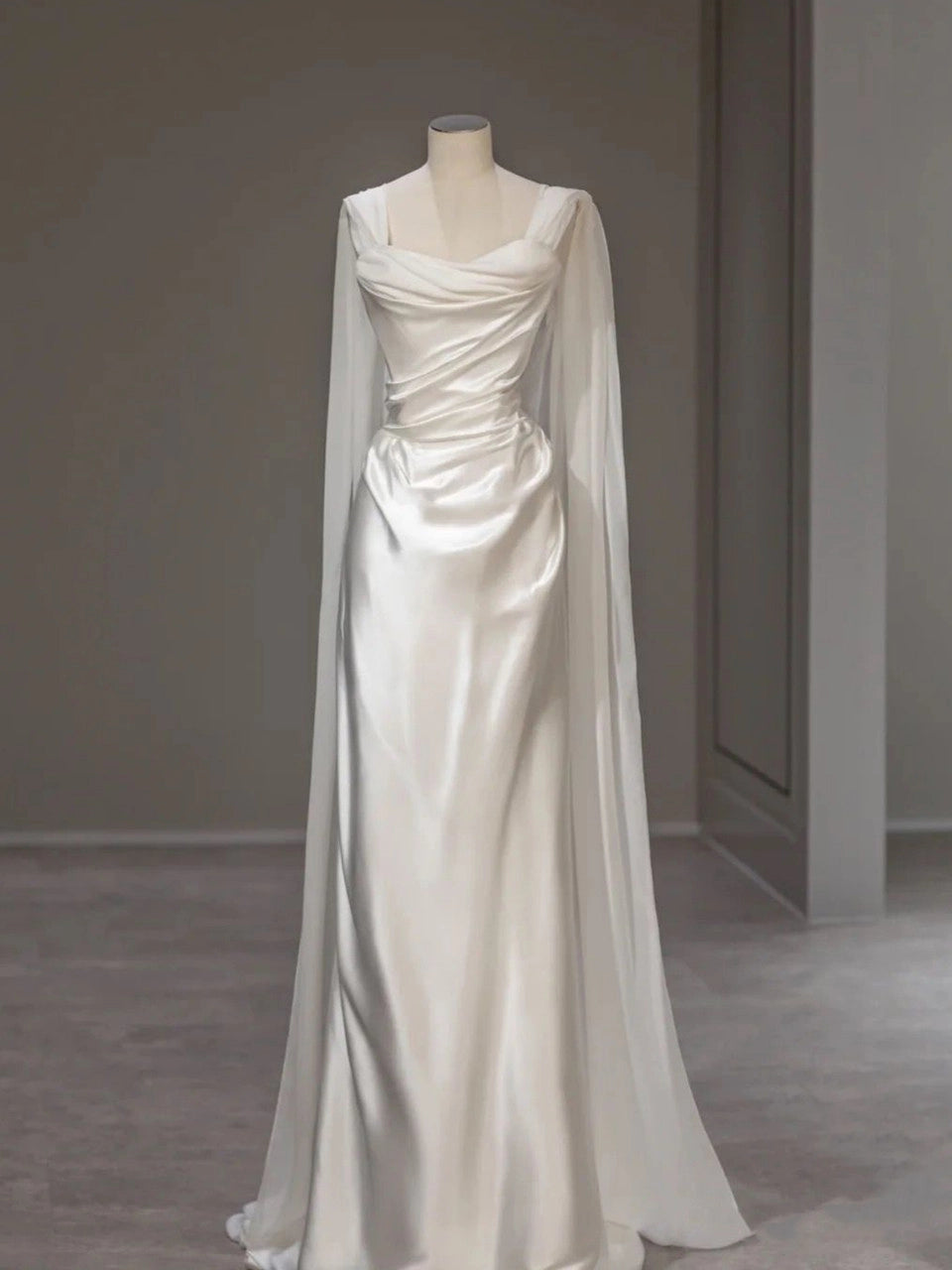 White Satin Wedding Dress Square Neckline Draped Bodice Sheer Cape Sleeves