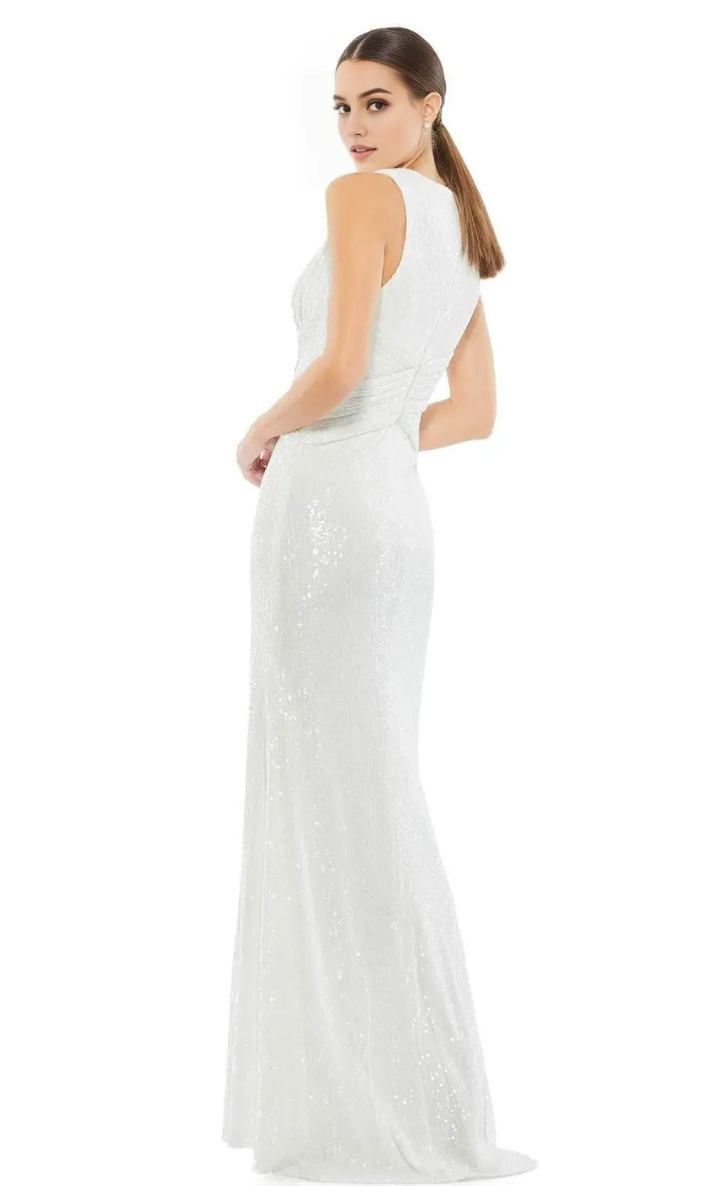 White Sequin Embellished Evening Gown with Plunging V Neck Wrap Style Bodice and High Side Slit  Perfect for Formal Galas and Red Carpet Events