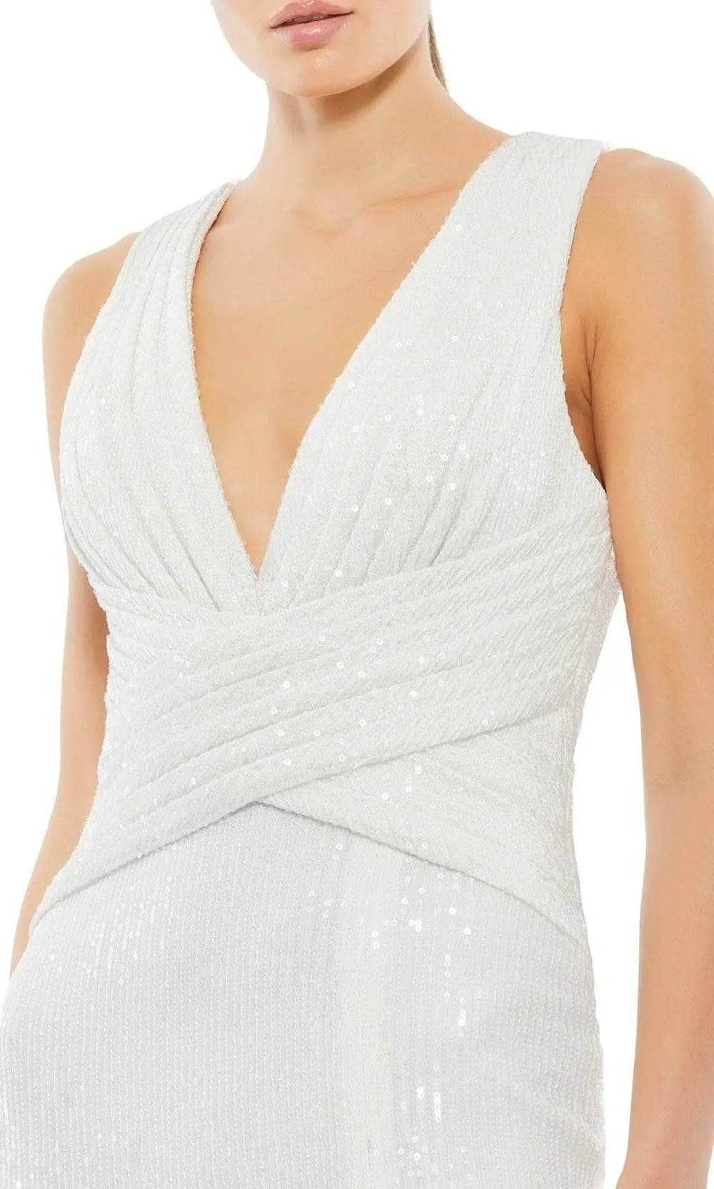 White Sequin Embellished Evening Gown with Plunging V Neck Wrap Style Bodice and High Side Slit  Perfect for Formal Galas and Red Carpet Events