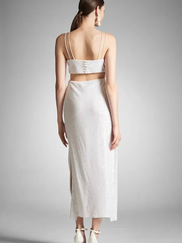 White Sequin Homecoming Dress Spaghetti Straps Deep V - Neck Cut Out Detail Side Slit