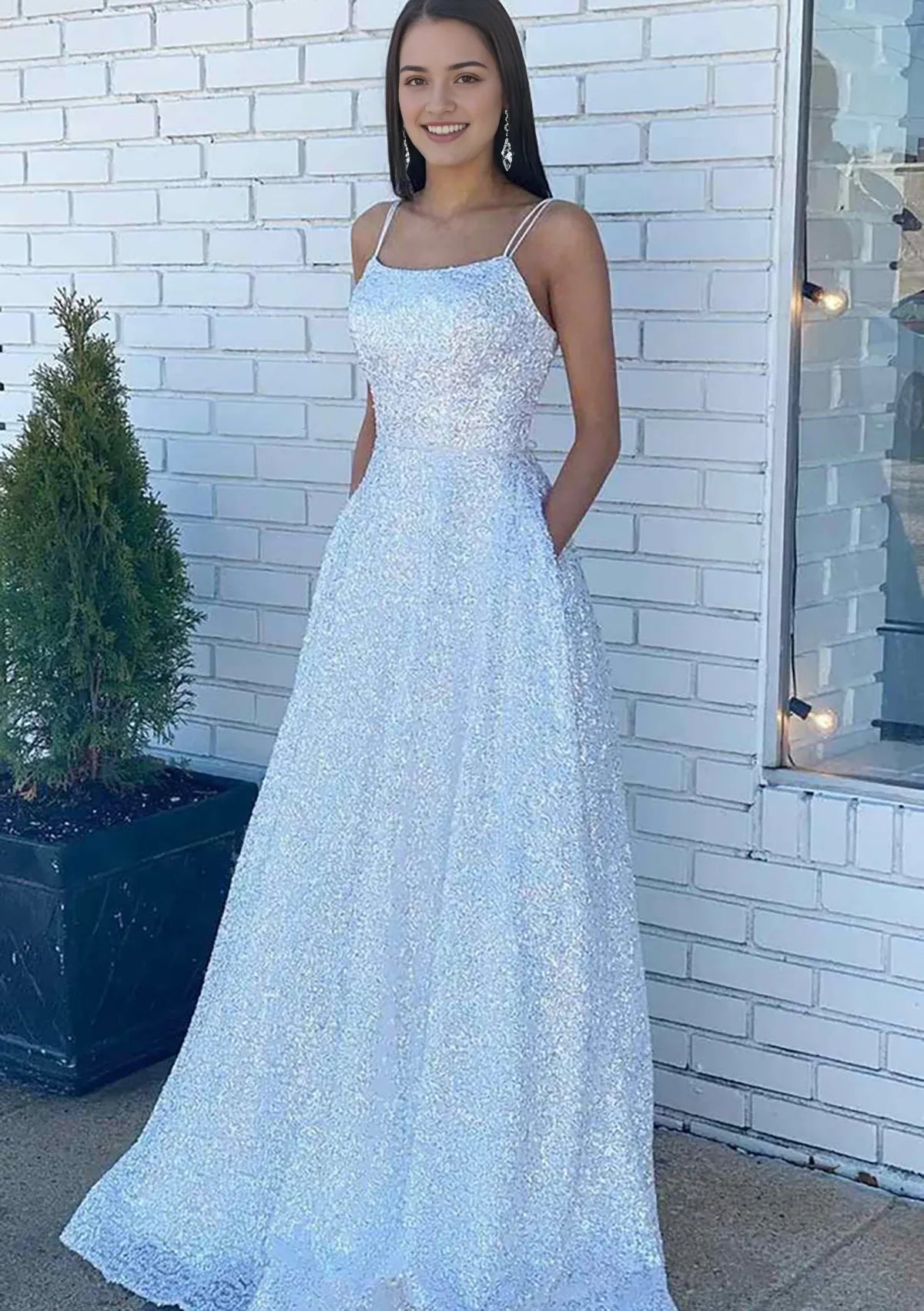 White Sequin Prom Dress with Square Neck Spaghetti Straps Flowy A Line Skirt Perfect for Fairytale Proms Beach Weddings Romantic Evening Galas