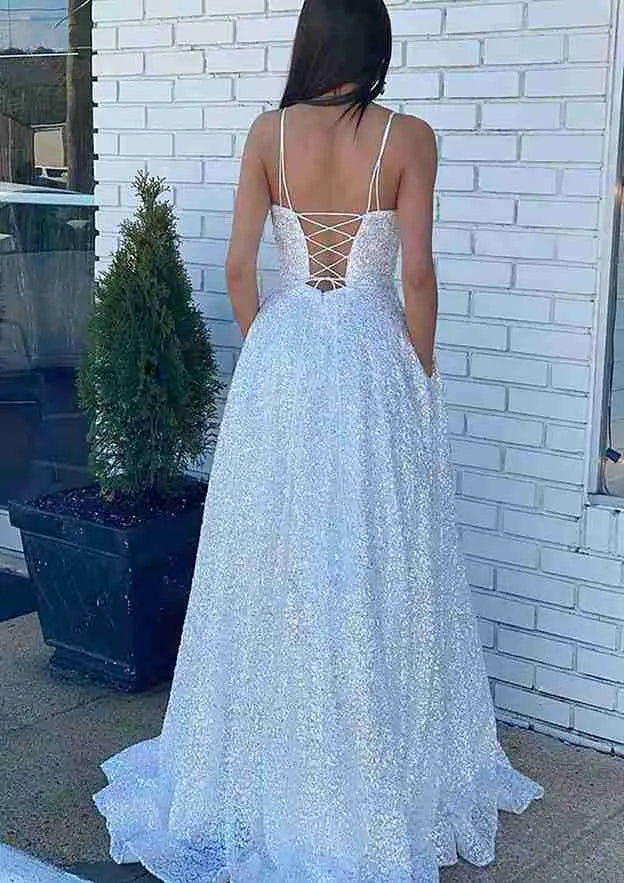 White Sequin Prom Dress with Square Neck Spaghetti Straps Flowy A Line Skirt Perfect for Fairytale Proms Beach Weddings Romantic Evening Galas