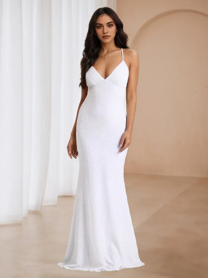 White Sequin Spaghetti Strap Prom Dress  Deep V Neck Mermaid Gown for Formal Events