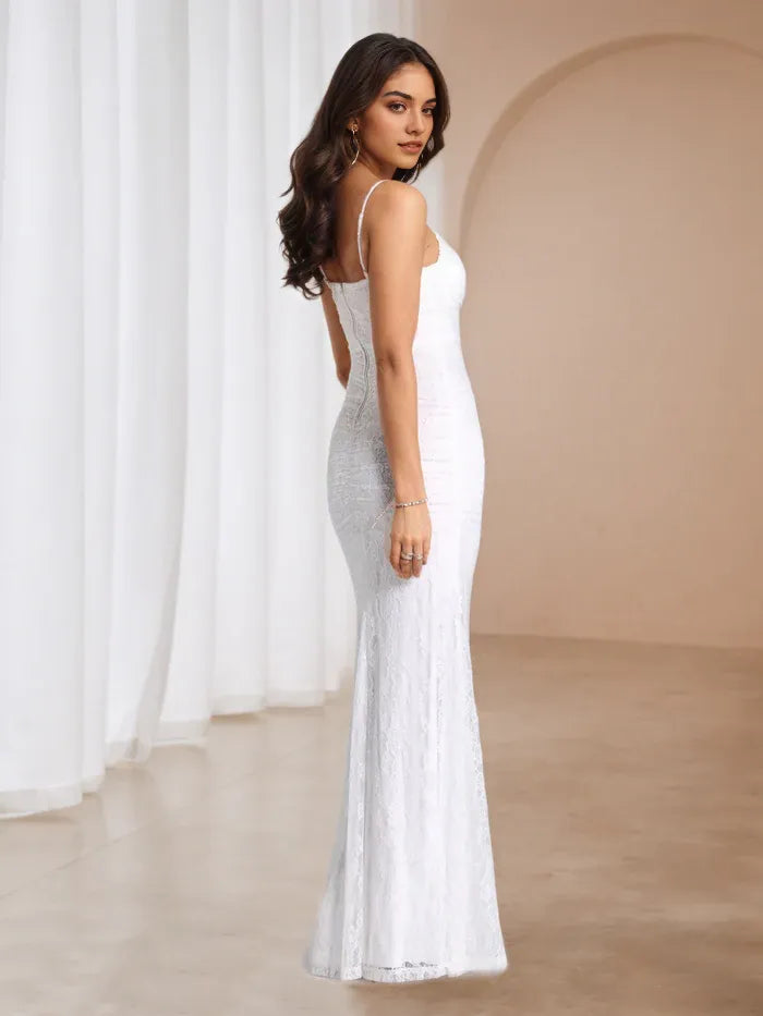 White Spaghetti Strap Ruched Prom Dress with High Slit Elegant Lace Evening Gown