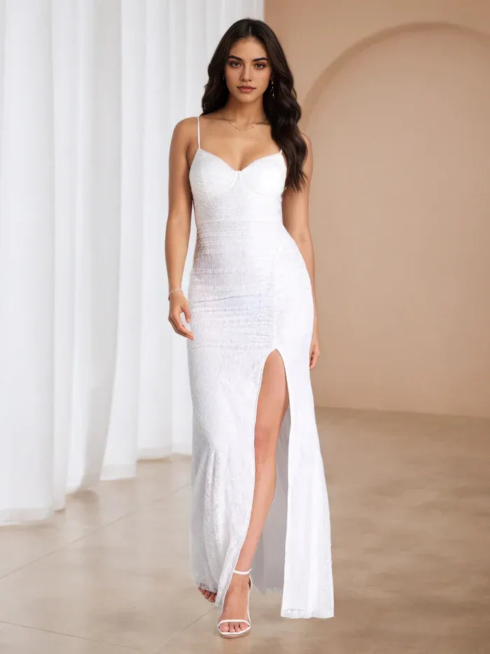 White Spaghetti Strap Ruched Prom Dress with High Slit Elegant Lace Evening Gown