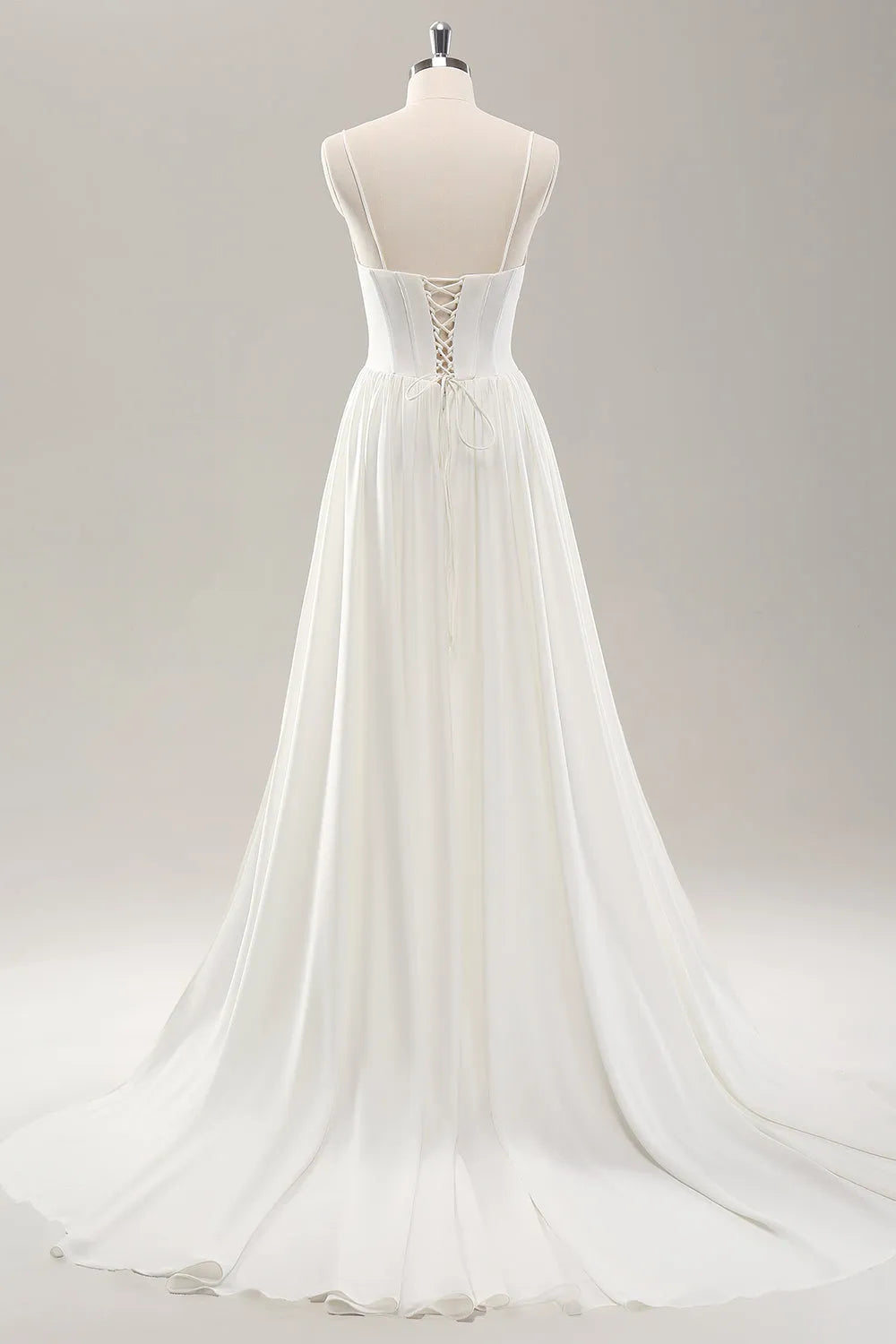 White Spaghetti Straps Satin Sweep Train Wedding Dress with Slit ﻿