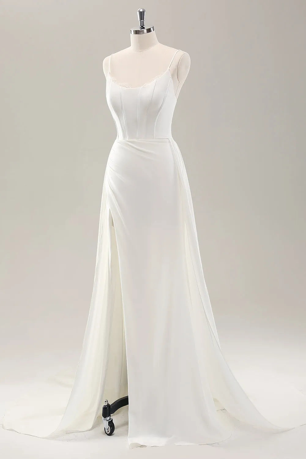 White Spaghetti Straps Satin Sweep Train Wedding Dress with Slit ﻿