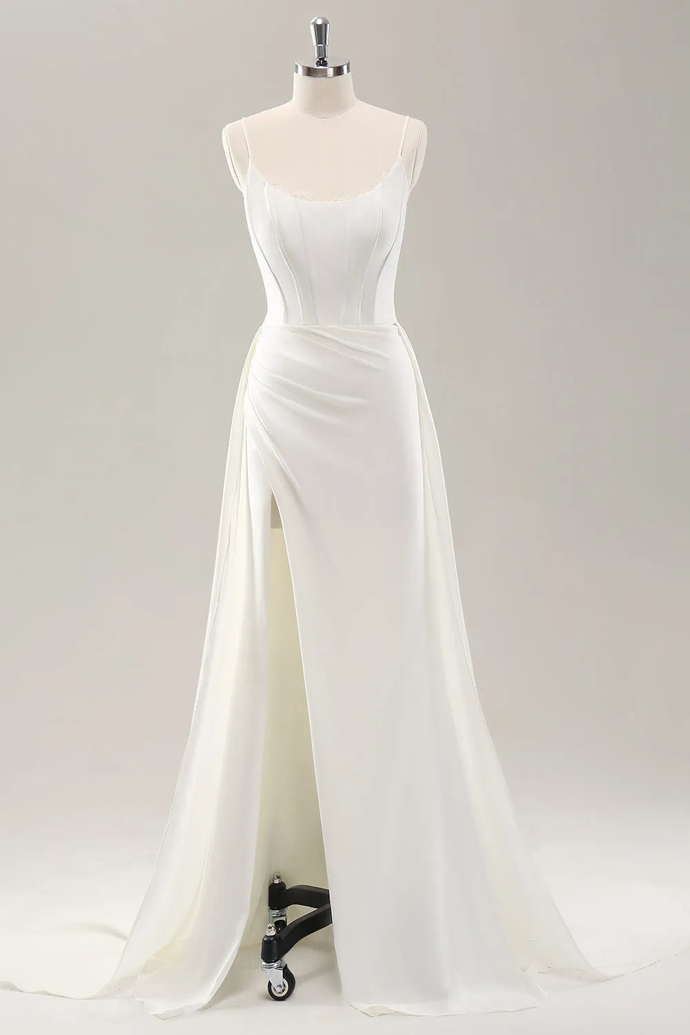 White Spaghetti Straps Satin Sweep Train Wedding Dress with Slit ﻿