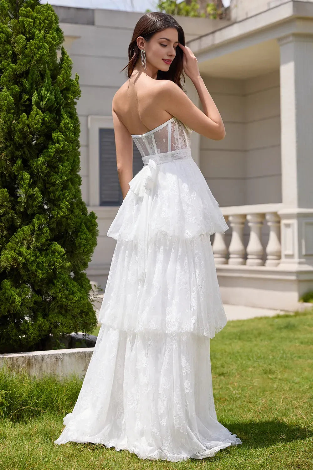 White Strapless A Line Corset Tiered Long Wedding Dress ﻿