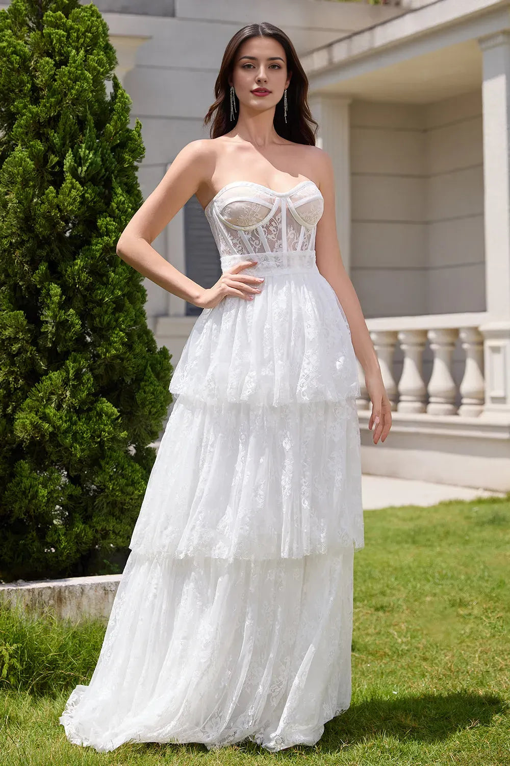 White Strapless A Line Corset Tiered Long Wedding Dress ﻿