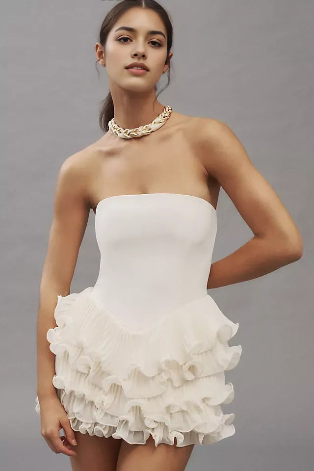 White Strapless Homecoming Dresses Featuring Tiered Ruffles and a Flattering Fit Crafted for Unforgettable Back - to - School Looks