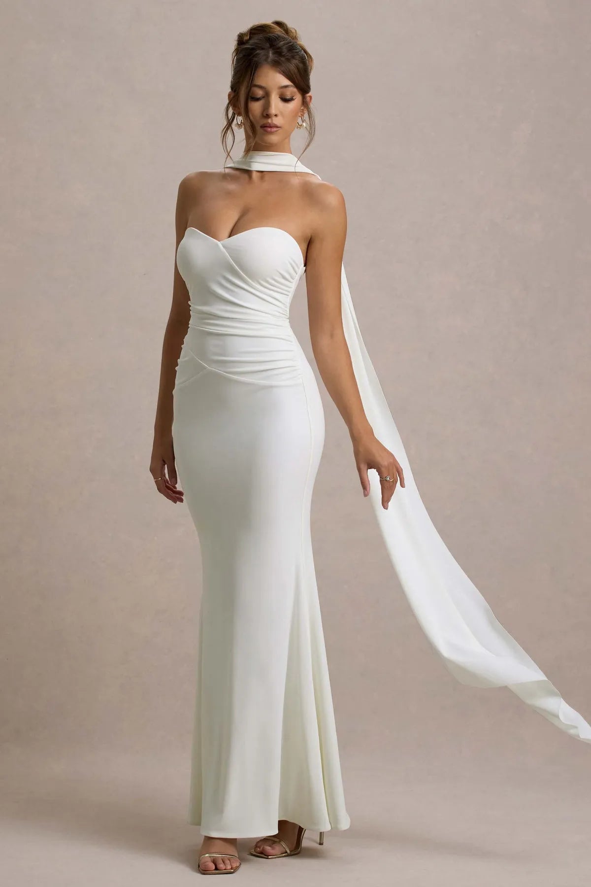 White Strapless Mermaid Prom Dresses Draped Neckline Flowing Sash and Luxurious Style for Unforgettable Evenings