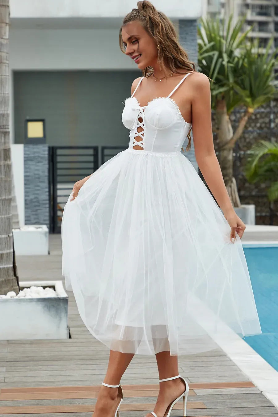 White Straps Lace-Up A-Line Cocktail Dress