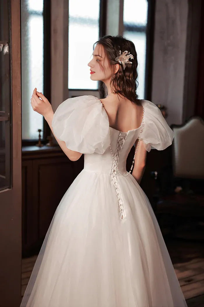 White Tulle Long Prom Dress Lovely A-Line Puff Sleeve Evening Dress
