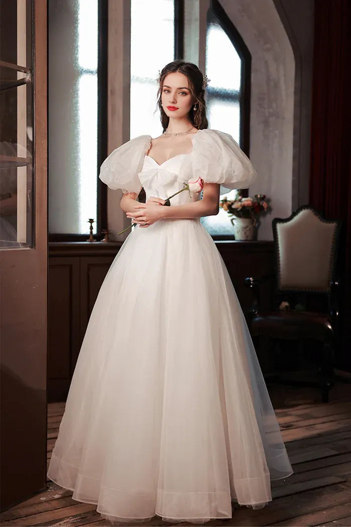 White Tulle Long Prom Dress Lovely A-Line Puff Sleeve Evening Dress