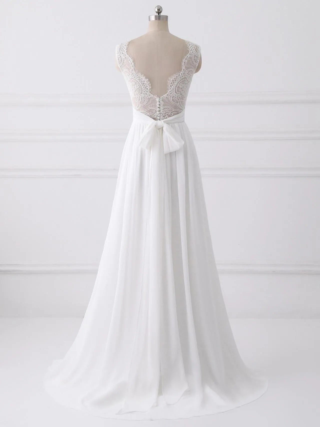 White Tulle with Lace Simple V-neckline Long Party Dress