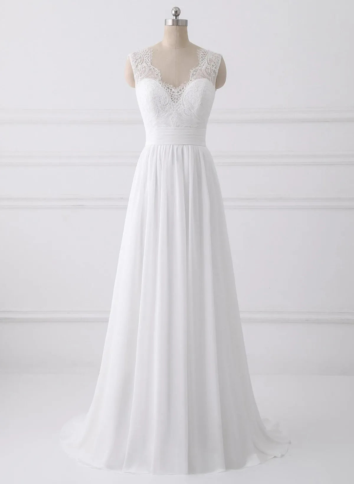 White Tulle with Lace Simple V-neckline Long Party Dress
