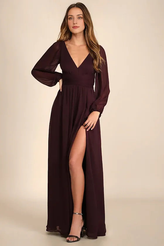 White V-Neck Long Sleeve Evening Dresses