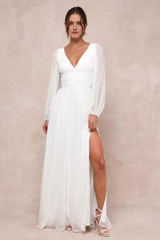 White V-Neck Long Sleeve Evening Dresses