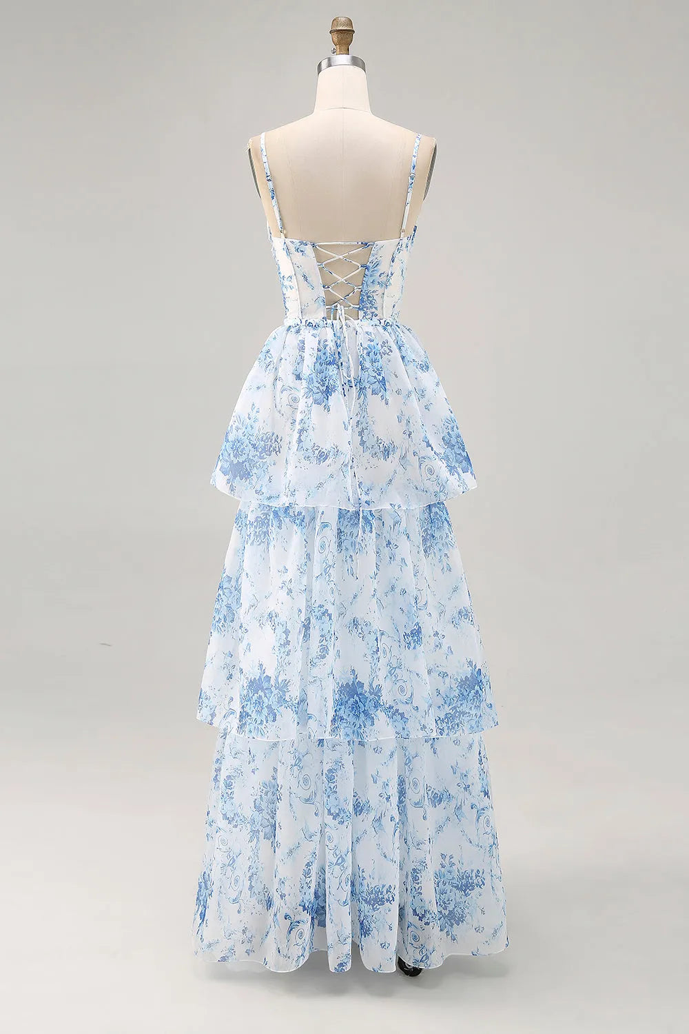 White and Blue Floral Corset Ruffled Long Wedding prom dresses with Slit