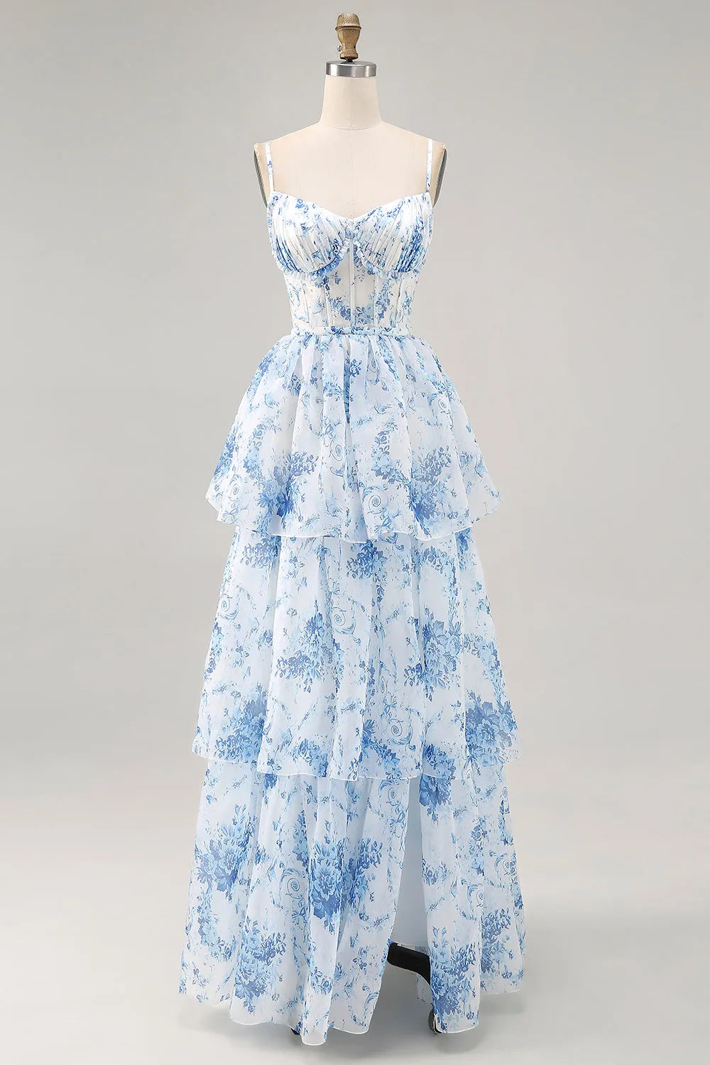 White and Blue Floral Corset Ruffled Long Wedding prom dresses with Slit