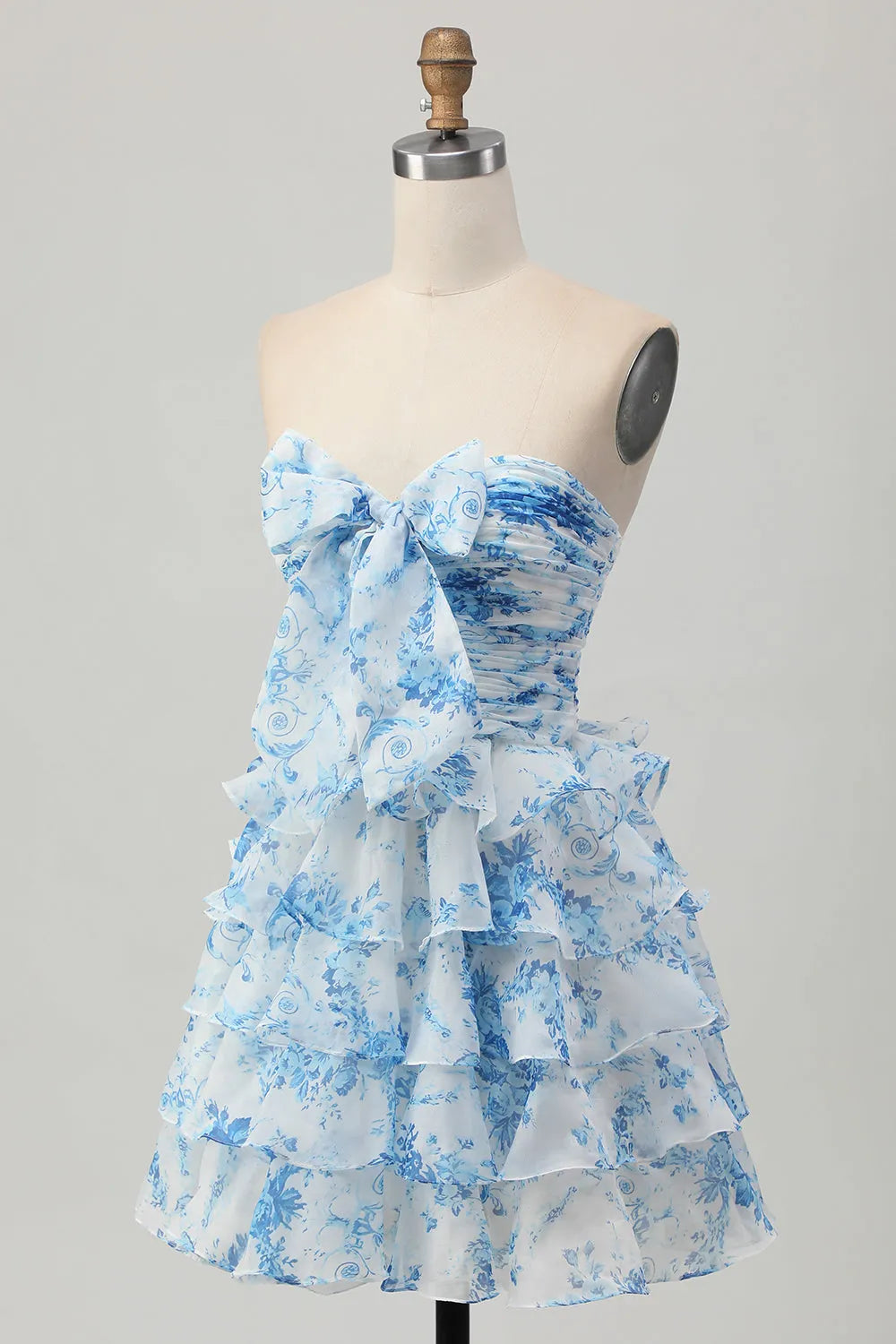 White and Blue Floral Ruffled Strapless Short Homecoming Dress with Bow