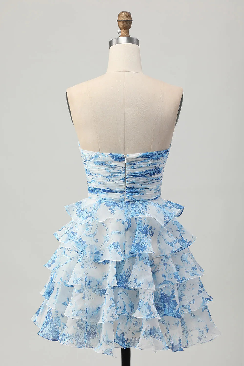White and Blue Floral Ruffled Strapless Short Homecoming Dress with Bow