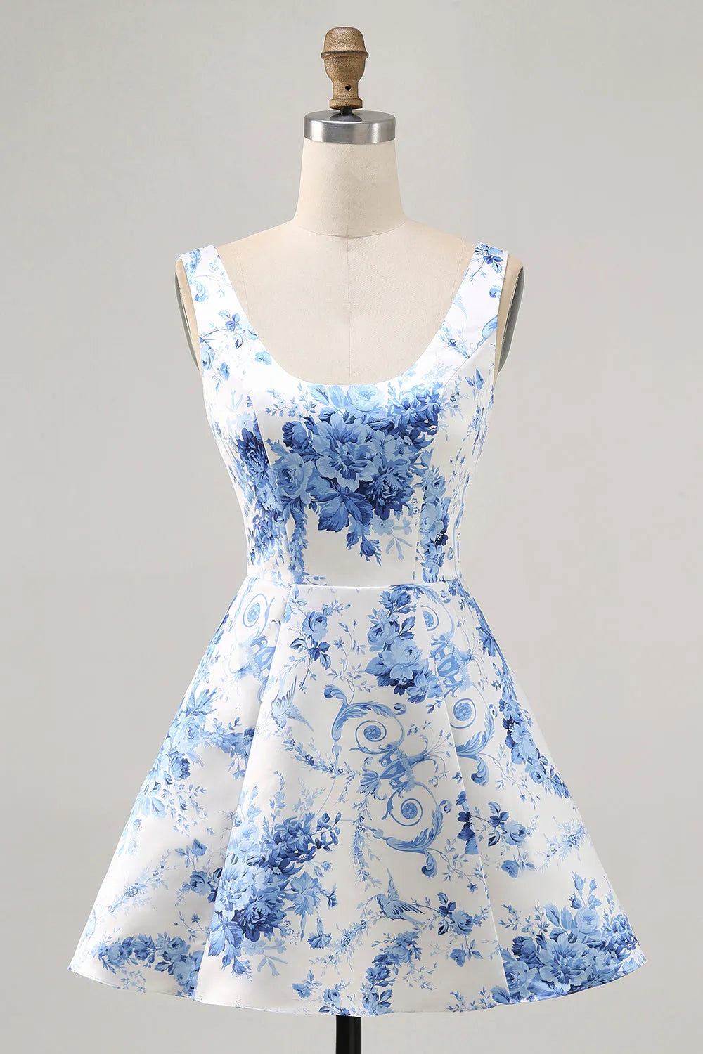 White and Blue Floral Satin Scoop Neck Short Homecoming Dress