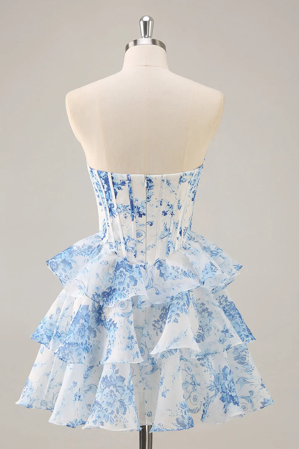 White and Blue Floral Sweetheart Corset Short Homecoming Dress with Ruffles