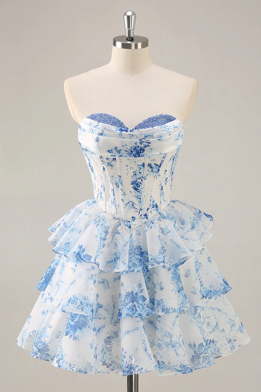 White and Blue Floral Sweetheart Corset Short Homecoming Dress with Ruffles