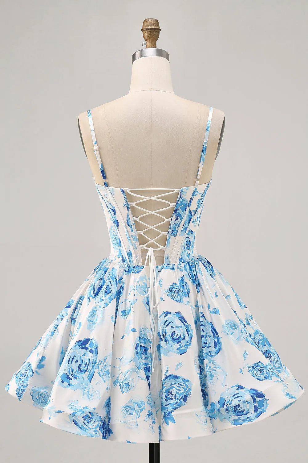 White and Blue Satin Floral Ruched Short Corset Homecoming Dress