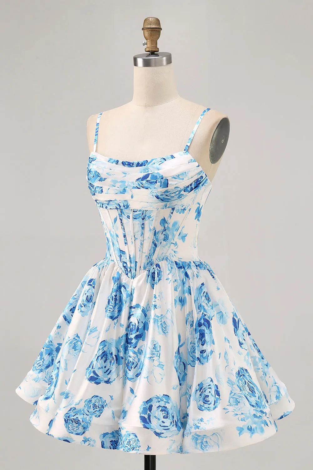 White and Blue Satin Floral Ruched Short Corset Homecoming Dress
