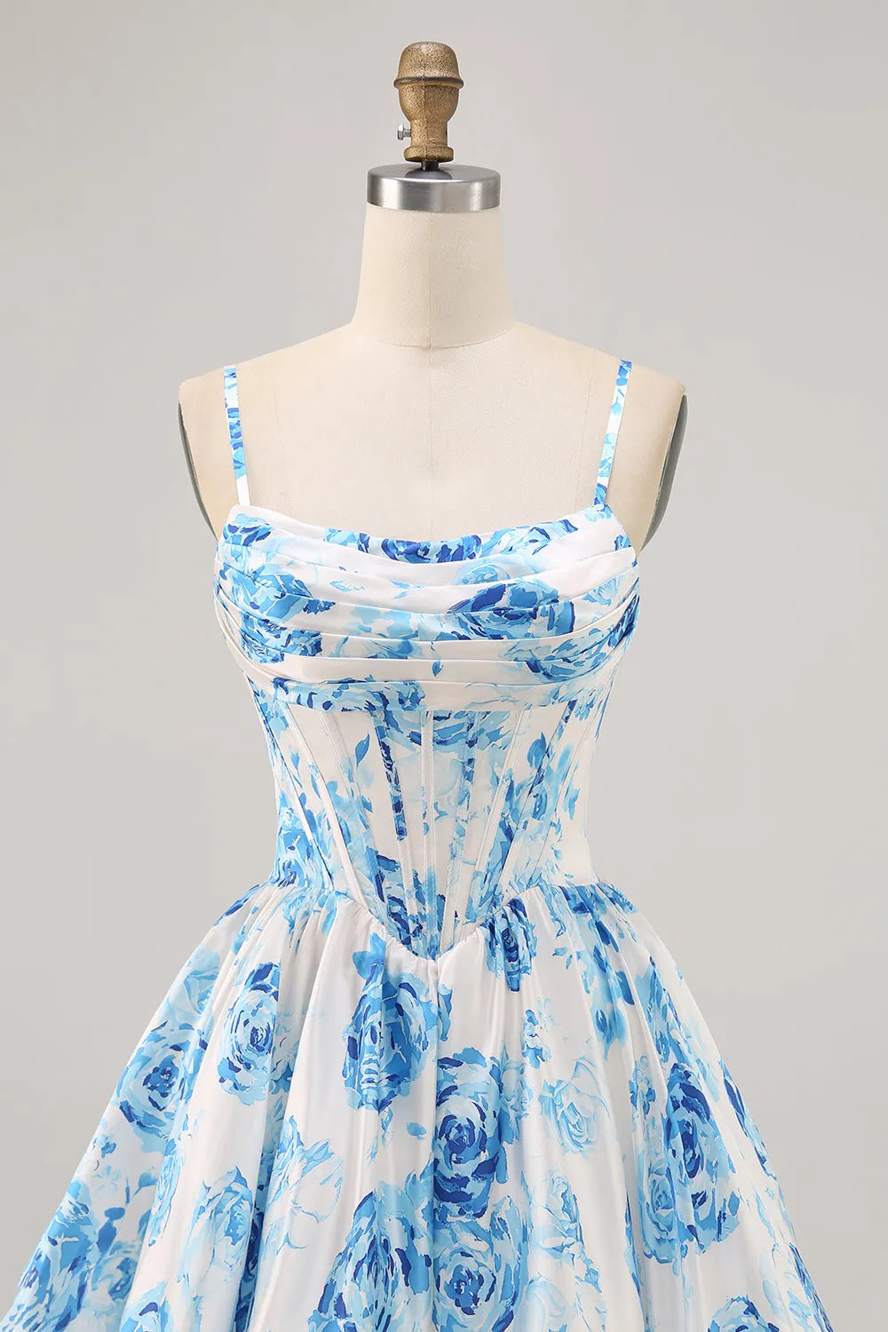 White and Blue Satin Floral Ruched Short Corset Homecoming Dress