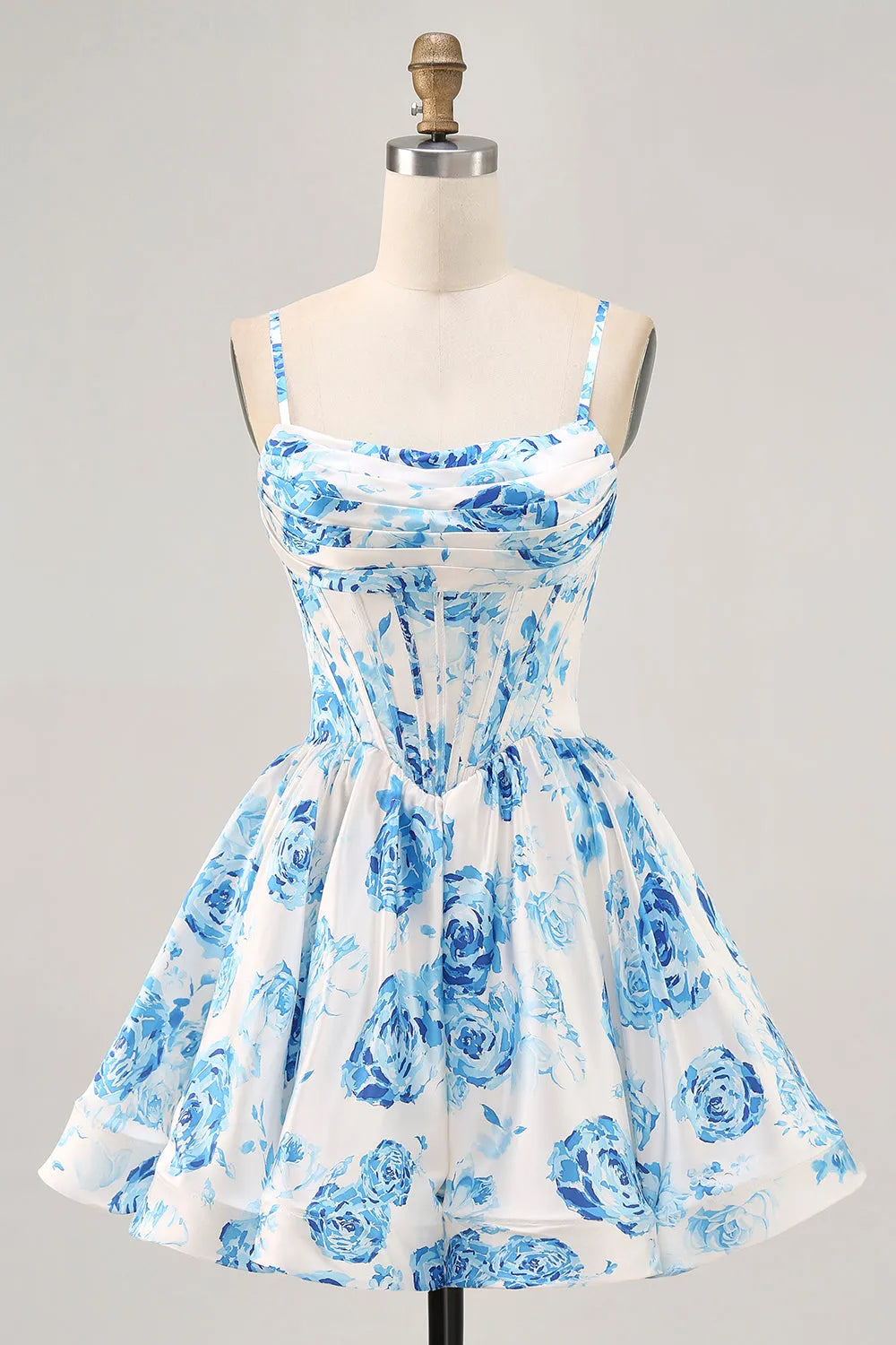 White and Blue Satin Floral Ruched Short Corset Homecoming Dress